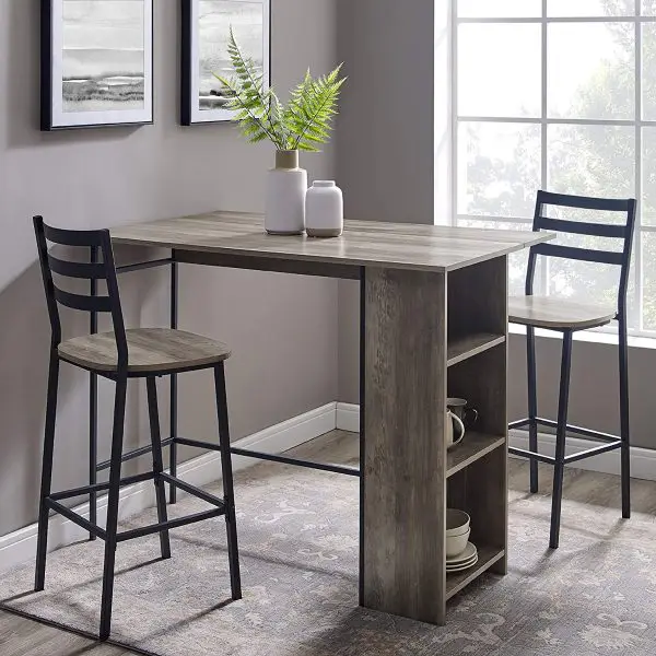 Small Dining Table Set with Storage Counter Height Grey Finish with Side Shelves