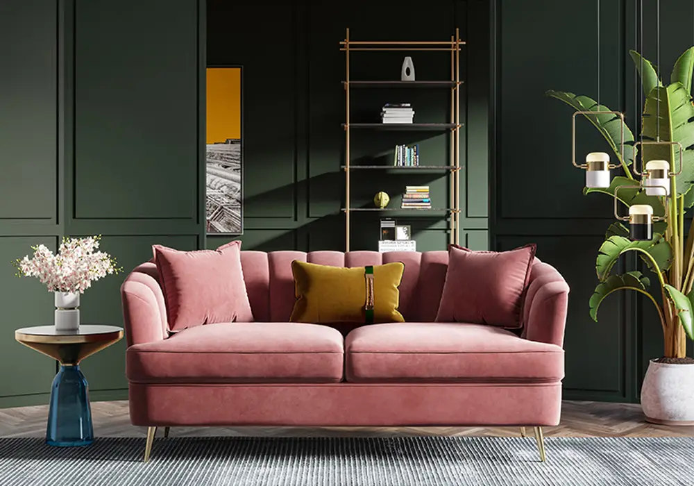 What color of sofa is set with each decoration Pink Color Velvet Fabric European Modern Design Furniture Sofa Set Luxury Chesterfield Sofa flower library table