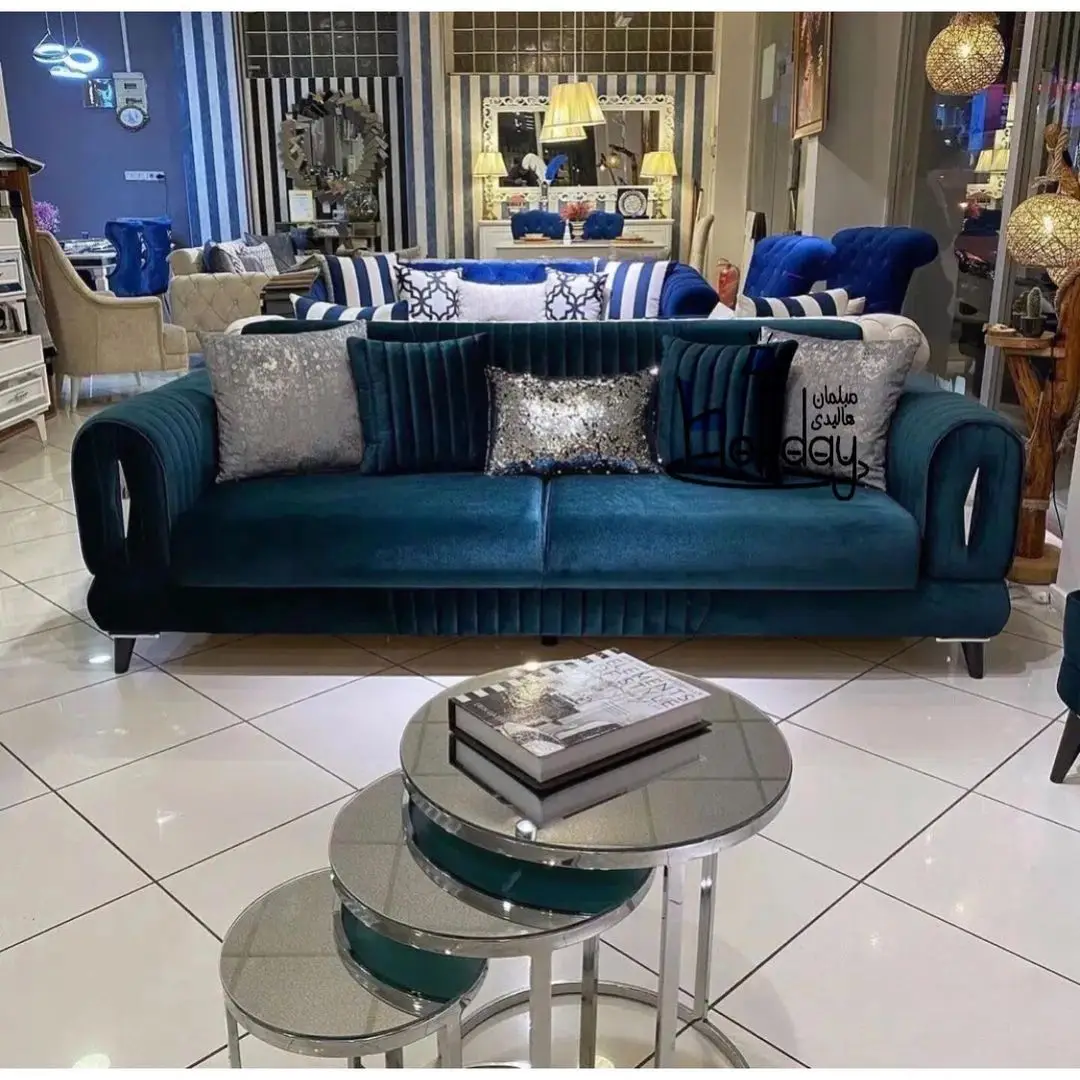 An example Farial model of the holiday sofa in blue and silver color